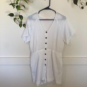 Pink Lily White Button Up Romper with Pockets EUC Size L